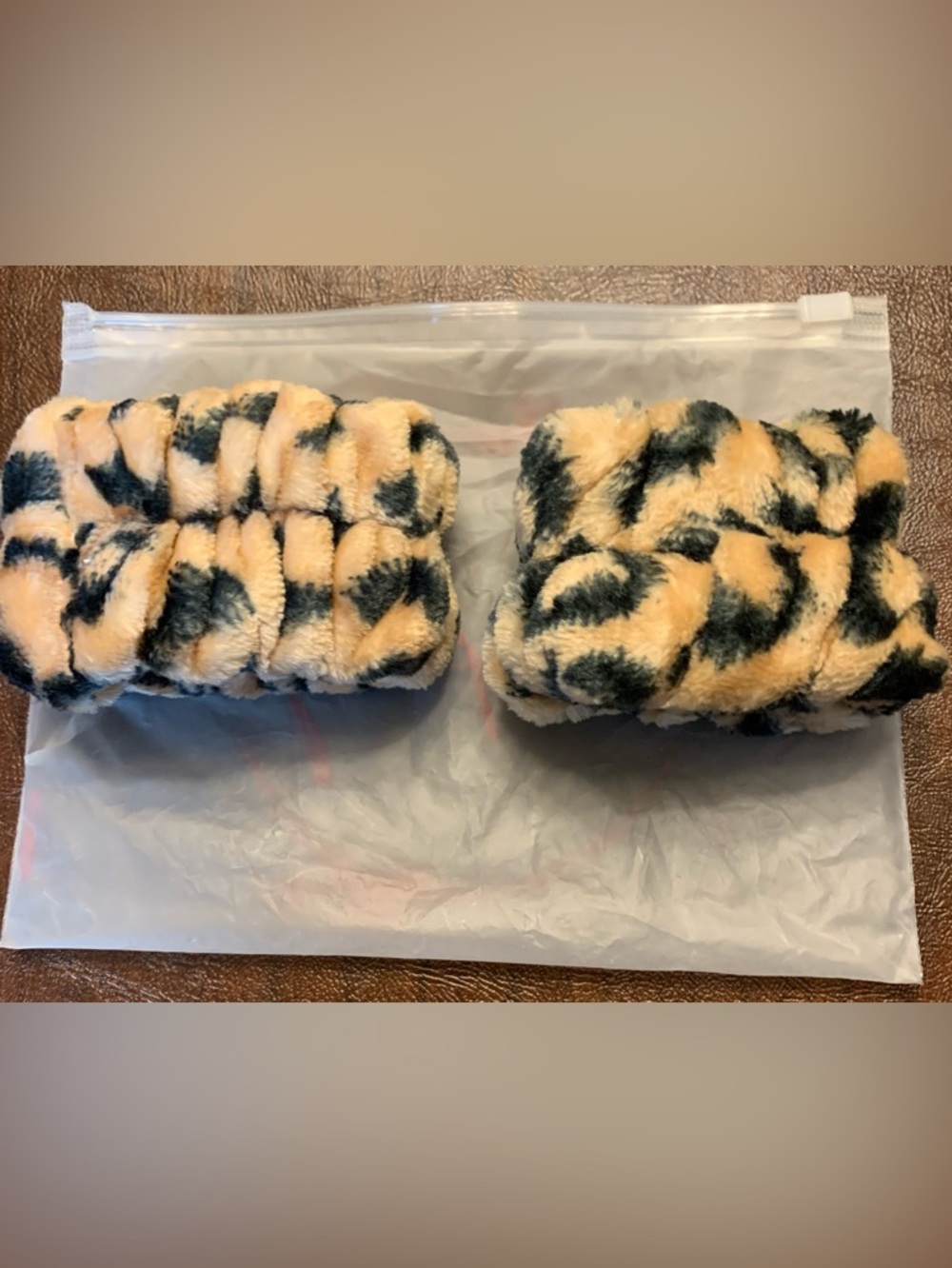 New Plush Leopard Print Wrist Cuffs - Beige and Black